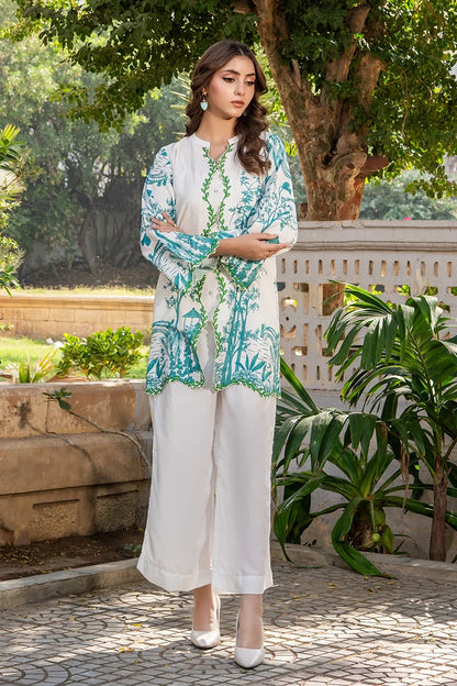 Long white kurta with blue floral stripes and green embroidery, three-quarter sleeve