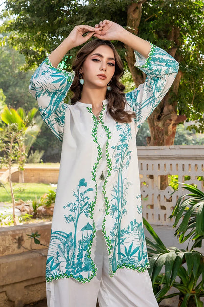 Long white kurta with blue floral print and green embroidered neckline, long sleeves