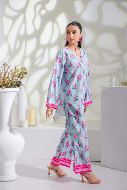 Dhaga floral pajama set in light blue with pink flower print and bright hem border