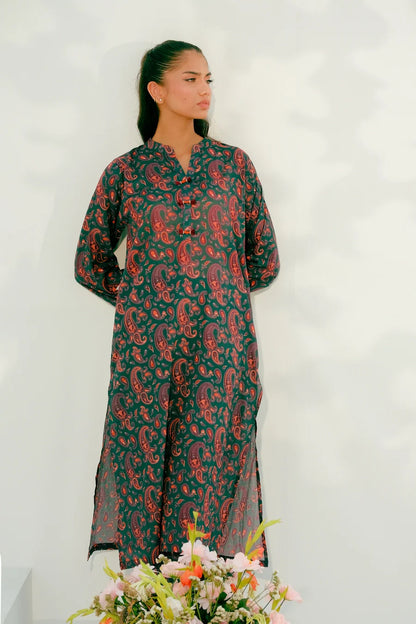 Teal and red paisley long dress with V-neck, 3/4 sleeves, flowy skirt panels