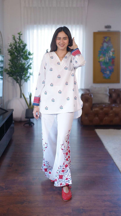 Dhaga printed pajama set, white long-sleeve V-neck top with matching pants