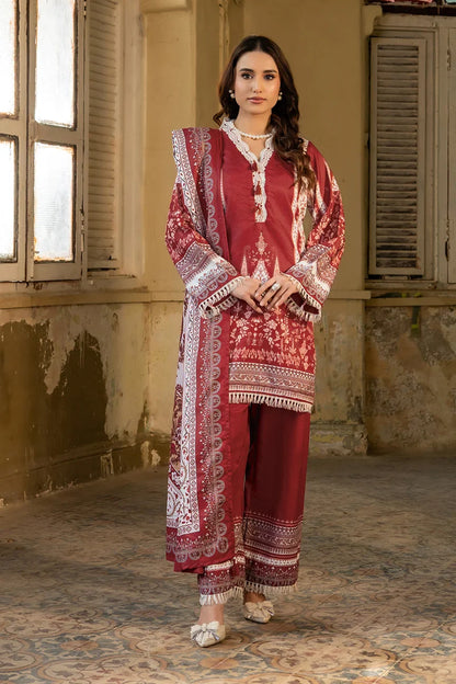 Maroon kurta set with white embroidered borders, straight pants, draped dupatta