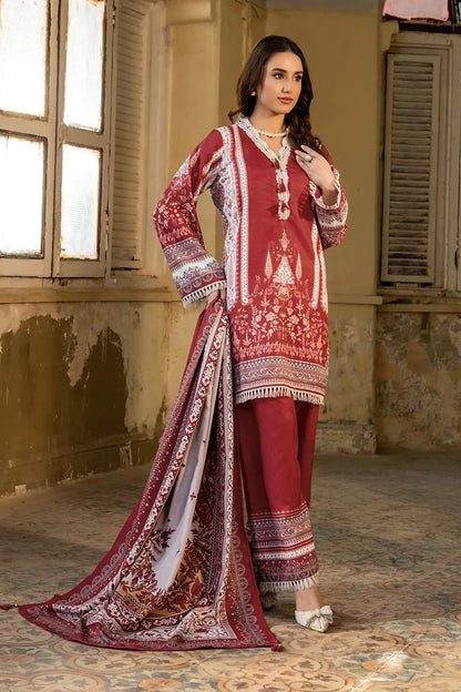 Maroon kurta set with long sleeves and white embroidery, flowing dupatta