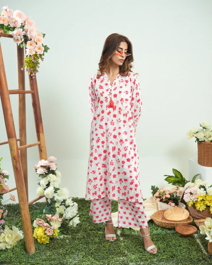 Dhaga white kurta dress with red floral print, long sleeves and relaxed fit
