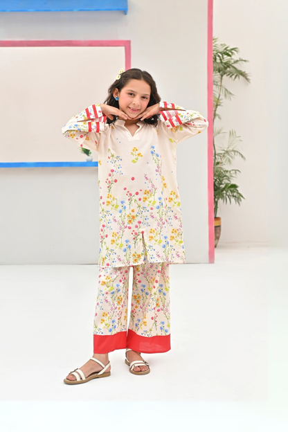 Dhaga floral kurta and pants set, white with multicolor blooms and red trim