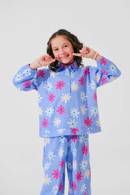 Kids blue floral pajama top with full sleeves and matching pants, front view