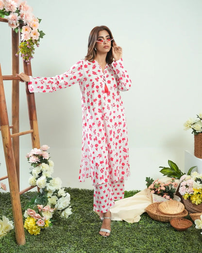 Dhaga white floral kurta dress with red print, long length and straight hem
