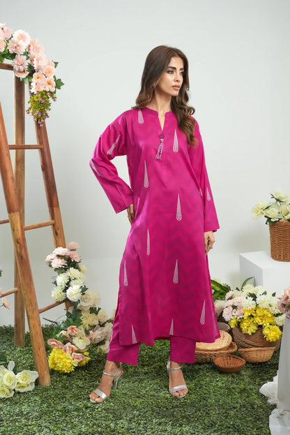 Women's magenta long kurta with white tassel-like print and button placket