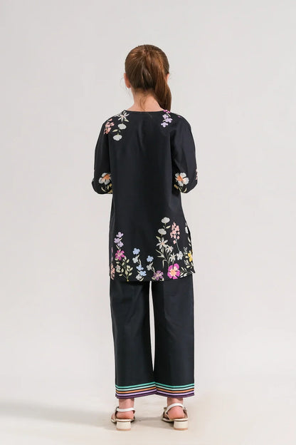 Kids black floral back V-neck tunic with matching pants and striped cuffs