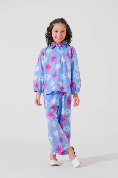 Kids blue floral pajama set with button-up jacket and tapered cuff pants