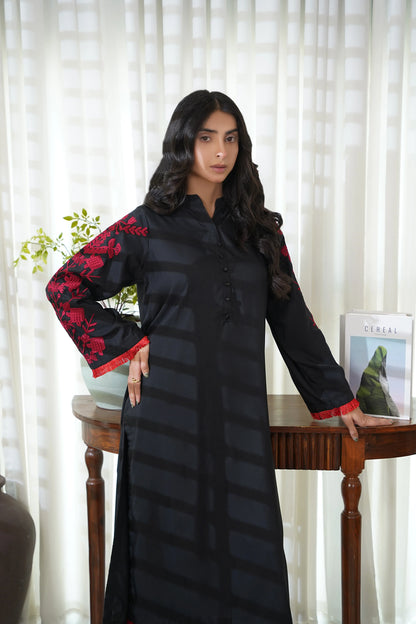 Dhaga black long kurta with red floral cuffs and full front button placket