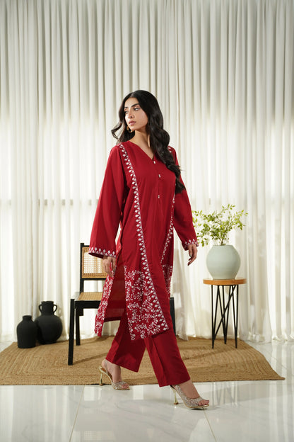 Dhaga women's red kurta with embroidered border detail and matching straight pants, full length