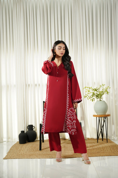 Dhaga women's red long kurta with V-neck button placket and matching straight pants set