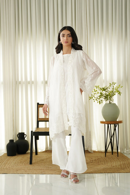 White embroidered long kurta set with straight pants, sheer layer sleeves
