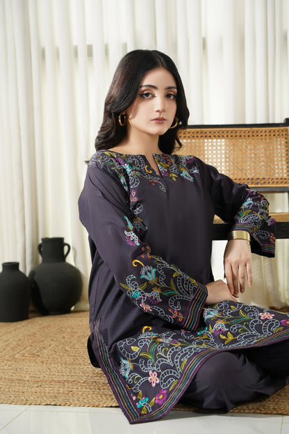 Embroidered dark kurta and pants set for women, close-up of floral yoke and cuffs