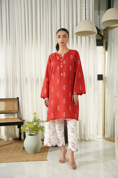 Red printed kurta with white floral pajama set, long sleeves, scalloped hem