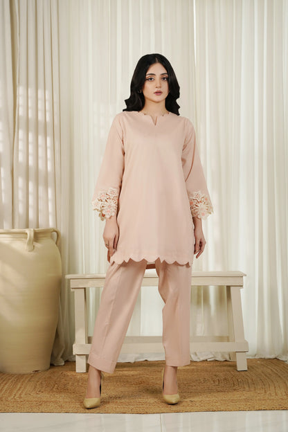 Dhaga pale pink tunic with scalloped hem and embroidered sleeve cuffs, matching pants