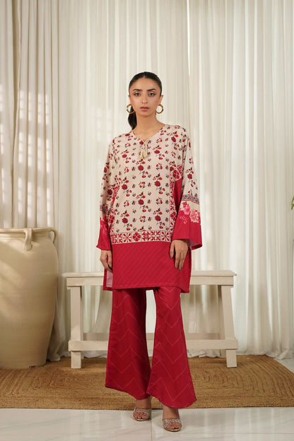 Floral cream and red kurta with maroon straight-leg pants, front view.