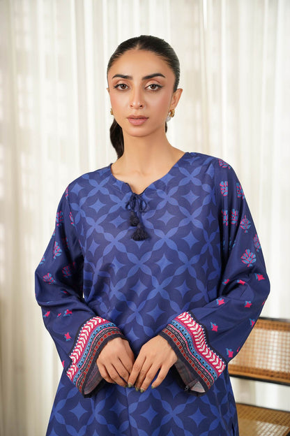 Navy-blue printed kurta with buttoned neckline and embroidered cuffs