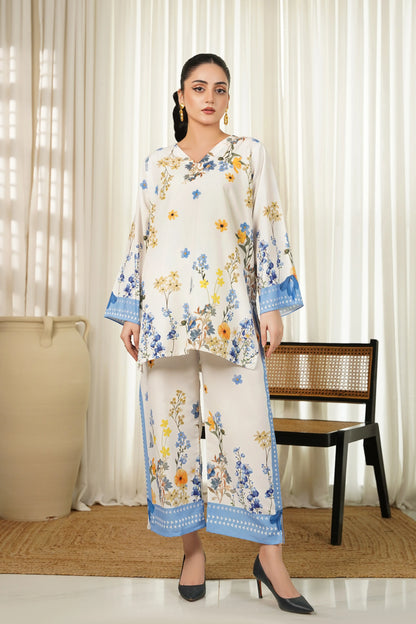 Floral printed kurta and pants set with blue border, long sleeves