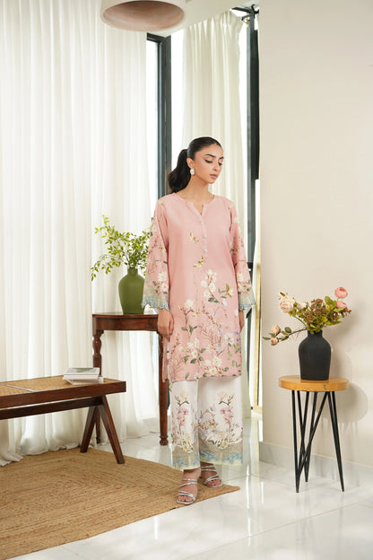 Long floral kurta set in light pink with embroidered motifs over cream-blue floral pants