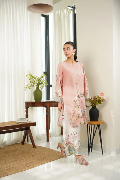 Floral kurta set, light pink long kurta with wide sleeves and floral matching trousers