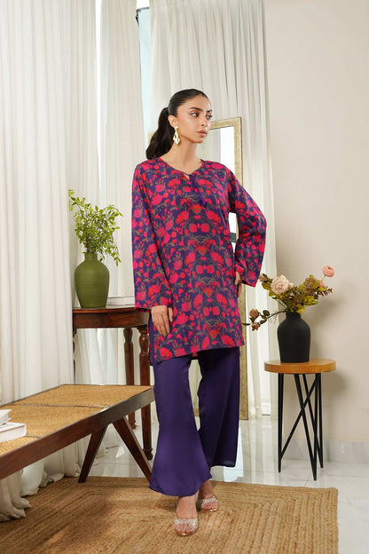 Dhaga red and navy printed tunic with dark purple straight pants