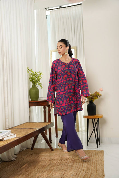 Dhaga red and navy printed long tunic with dark purple wide-leg pants