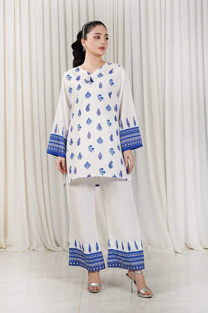 Women’s white printed tunic with blue cuffs and matching pants set