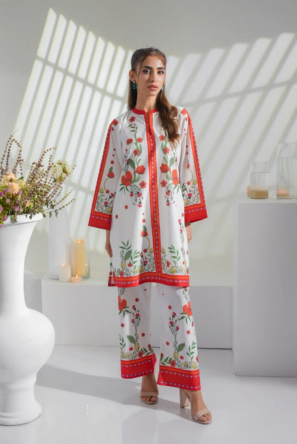 White floral kurta with red trim and matching wide-leg pants set