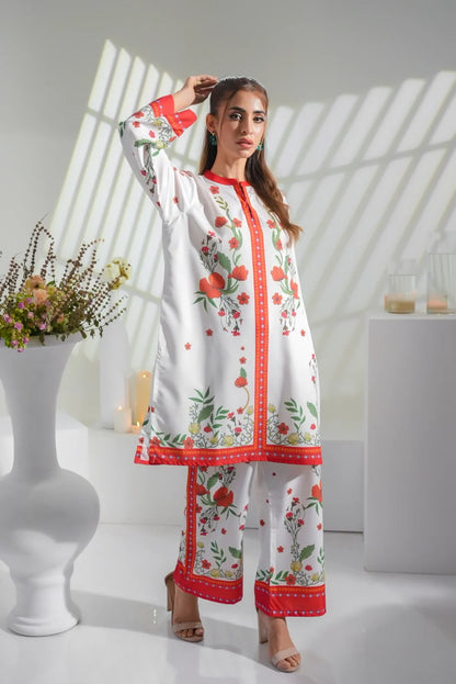 White floral printed kurta and pants set, red neckline and hem border