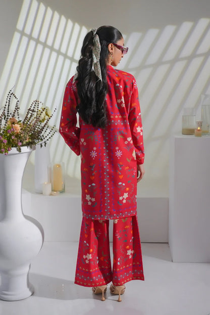 Dhaga red floral kurta and palazzo set, back view with long sleeves