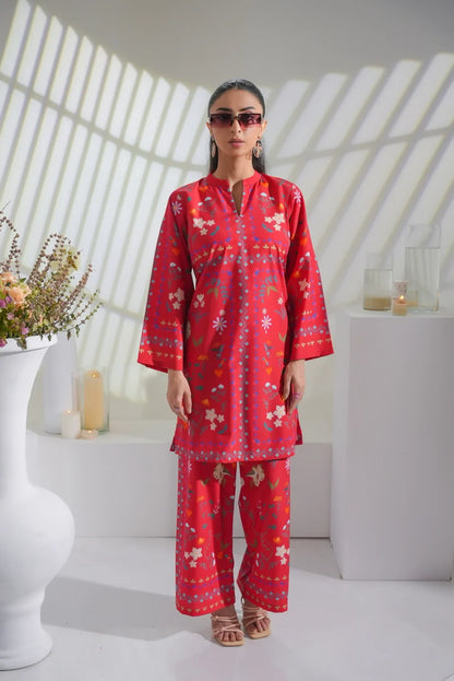Dhaga red floral kurta and palazzo set, 3/4 sleeves and round neckline