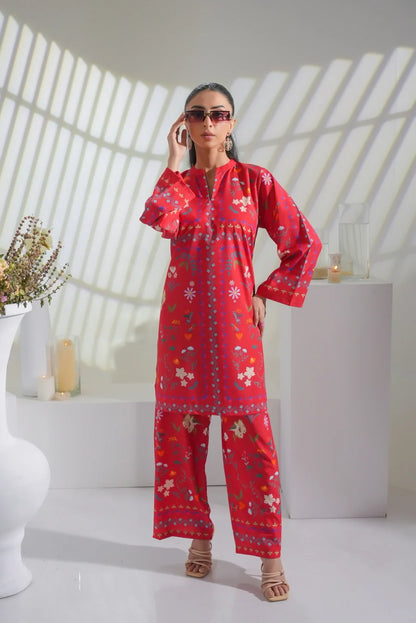 Dhaga red floral kurta and palazzo set, front view with 3/4 sleeves
