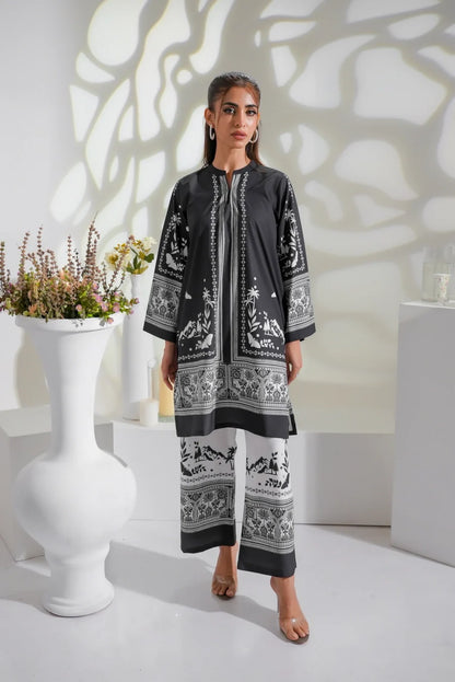 Dhaga black printed kurta with matching black-and-white patterned pants