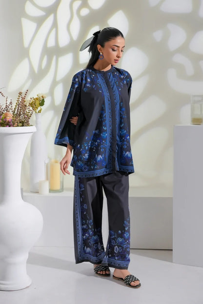 Women's blue-and-dark kurta with side split look and matching wide-leg pants