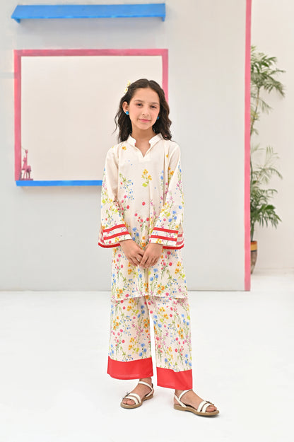 Floral kurta and pants set, full view with red-trimmed hem and matching pants