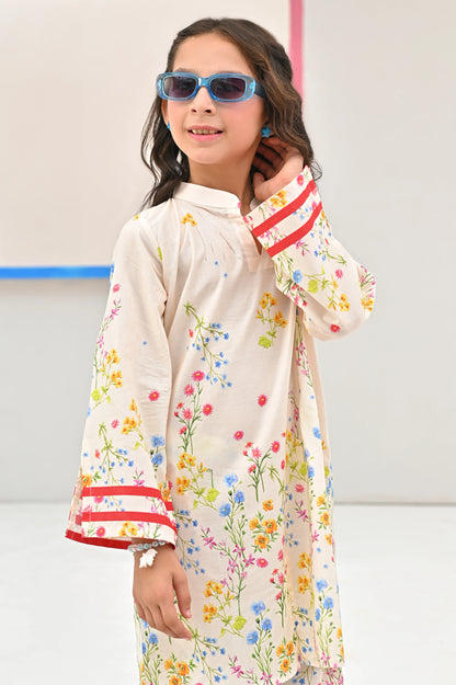Floral kurta with long sleeves, white base, multicolor floral print and red border