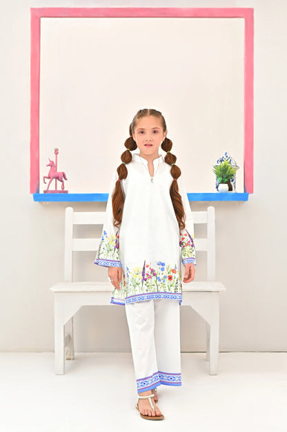 Kids front-facing white tunic and pants set with colorful floral border and blue trim
