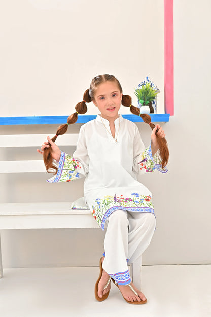 Kids white tunic and pants set with floral sleeves and hem, blue patterned trim