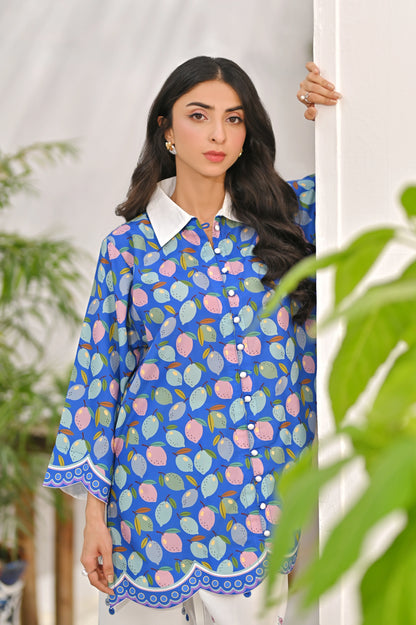 Blue printed kurta with white collar and scalloped sleeve cuffs