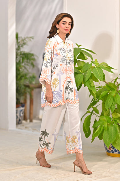 Women’s printed kurta and straight pants set, white with multicolor floral motifs