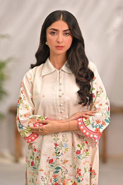 Cream floral embroidered kurta with coral button placket, matching pants