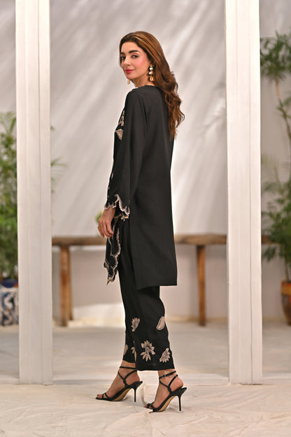 Black embroidered tunic and pants set, long sleeves, floral embroidery on cuffs and hem