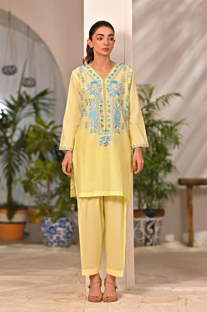 Dhaga yellow embroidered tunic and pants set, blue floral yoke and cuff trim