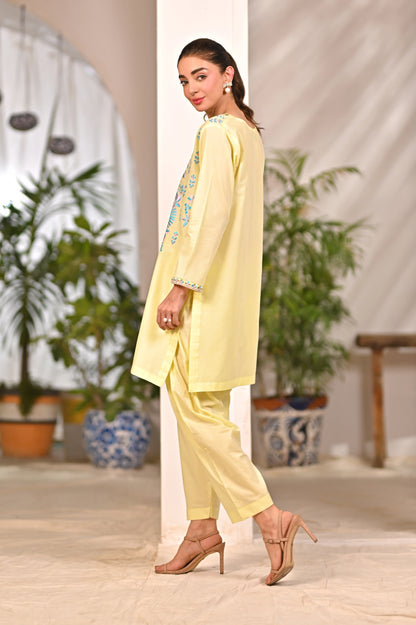 Dhaga yellow embroidered tunic and pants set, blue back embroidery and cuff trim