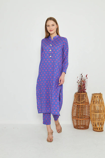 Dhaga long kurta, royal blue with pink motifs, front button placket, straight hem
