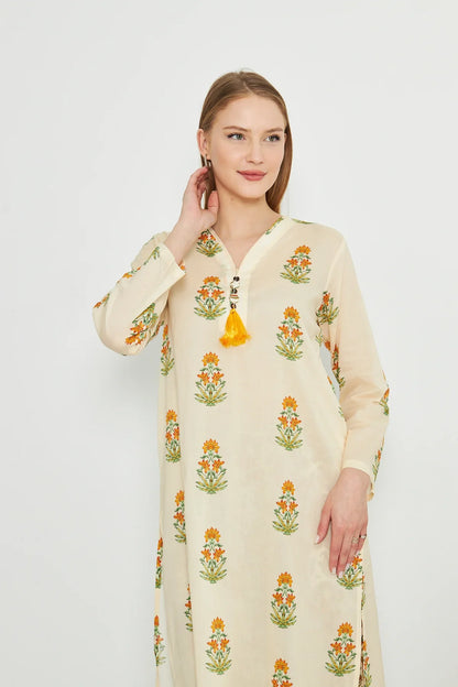 Cream printed kurta with V-neck and long sleeves, featuring yellow and green motifs