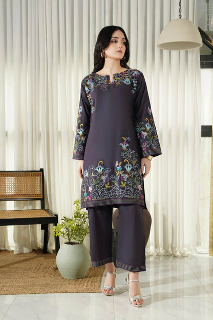 Embroidered kurta and pants set for women, dark base with colorful floral border