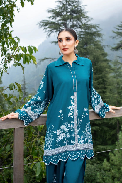 Thread kurta pajama set, teal kurta with white floral print and lace-trim cuffs